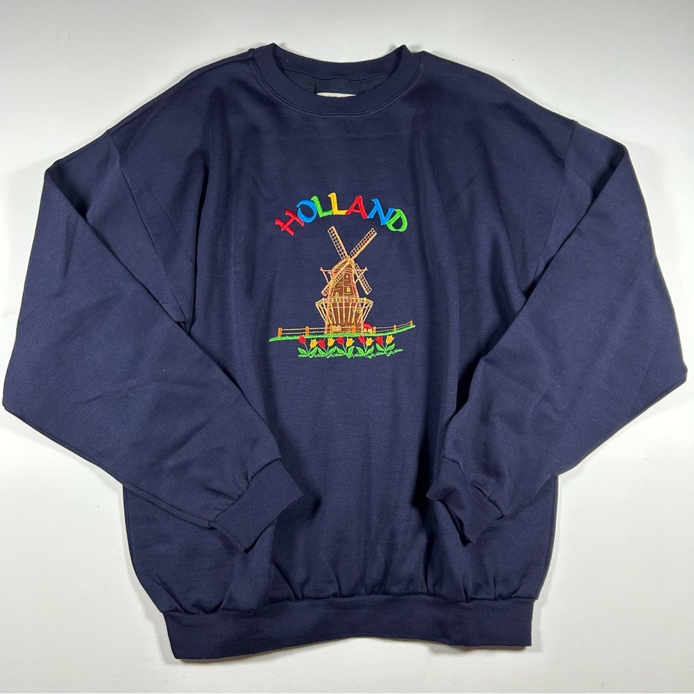Vintage 90s Sweatshirt Windmill Tulips Mens L Made Holland Embroidered Kaf Kaf